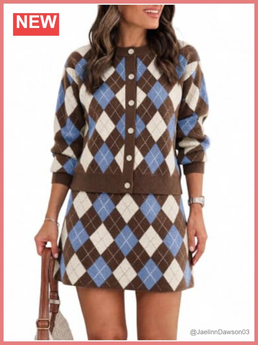 Womens 2 Piece Knit Sweater Skirt Set Argyle Plaid Lounge Matching
